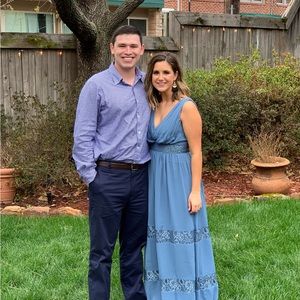 Davids bridal steel blue dress. Size 8. Only worn once and dry cleaned.